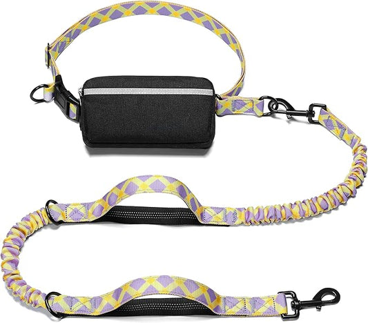 iYoShop Hands Free Dog Leash with Zipper Pouch, Dual Padded Handles and Durable Bungee for Walking, Jogging and Running Your Dog (Purple-Yellow Mix, Large)