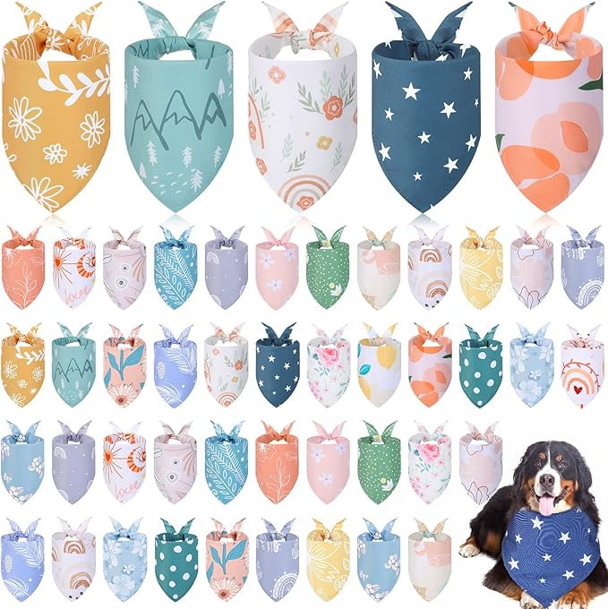 Amylove 50 Pcs Dog Bandanas Bulk Fall Puppy Floral Dog Bibs Holiday Washable Scarf Pets Triangle Head Scarfs Bandanas Pet Costume Outfit(Flower,Large)