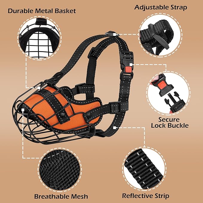 OOPSDOGGY Pitbull Dog Muzzle Reflective Metal Mask Secure Wire Basket Muzzle for Large Sized Dogs Amstaff Soft Cage Muzzle to Prevent Biting Chewing with Adjustable Nylon Straps (Orange, Pitbull)