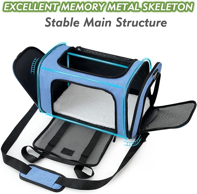Soundy Large Cat Carrier Dog Carrier Under 25 Lbs,Collapsible Ventilated Portable Pet Bag with Soft Sided Breathable Mesh for Long Car Trips Maxi Load 2 Kittens or Small, Medium Dog (Large Blue)