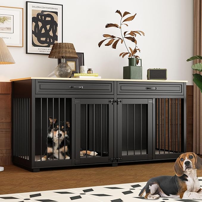 64.6" Furniture Dog Crate, Heavy Duty Wooden Dog Cage Furniture, Indoor Dog Kennel with Drawers & Removable Divider, Luxury Dog House with Double Rooms for Small Medium Breed Dogs, Black