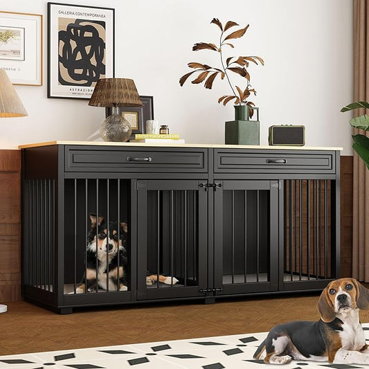 64.6" Furniture Dog Crate, Heavy Duty Wooden Dog Cage Furniture, Indoor Dog Kennel with Drawers & Removable Divider, Luxury Dog House with Double Rooms for Small Medium Breed Dogs, Black