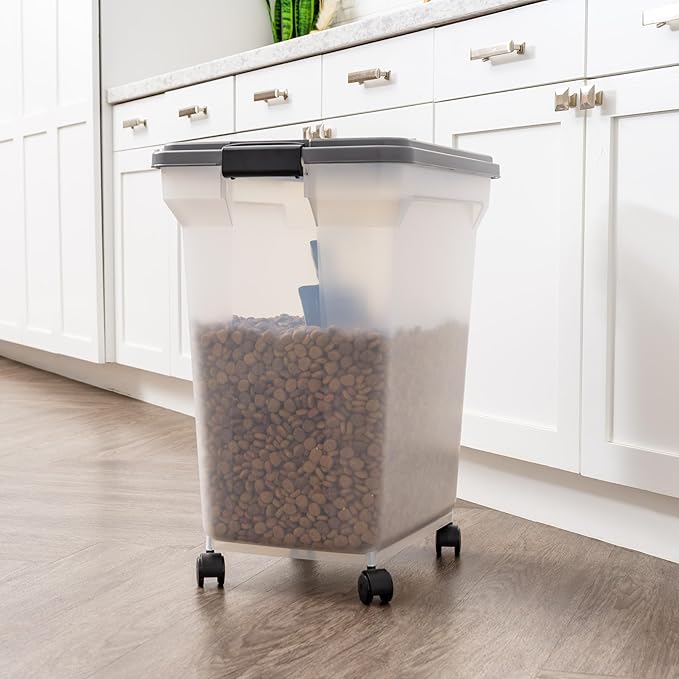 IRIS USA Dog Food Storage Container 58 lbs, Attachable Wheels, & Included Scoop, for Dog Cat Birds and other Pets, Food Storage Bin, Keep Fresh, Easy Mobility, BPA Free - Made in the USA, Dark Gray