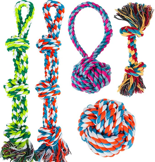 Dog Rope Toys for Aggressive Chewers, Nearly Indestructible Dog Toys Set for Large/Medium Dogs, Heavy Duty Natural Cotton Rope Chew Toy for Teething, Tug Toy 5 Pack