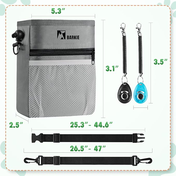 BARKIE Dog Treat Pouch and 2 Dog Training Clickers with Dog Positive Reinforcement Training Booklet (Grey)