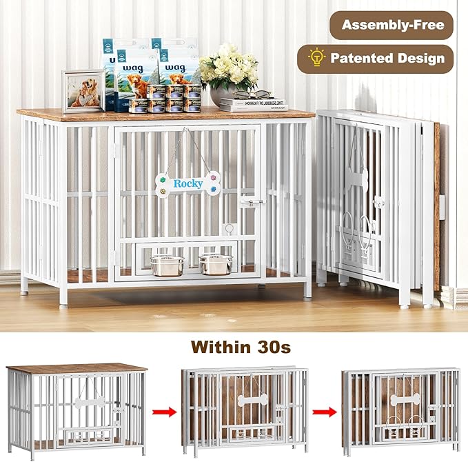 Easycom 41" Dog Crate Furniture Foldable, No Assembly Decorative Dog Kennel Indoor, Dog Crates for Large Dogs(35-60 lb), Wooden Dog Crate with Adjustable Bowls and Name Tag, End Table, White & Beech