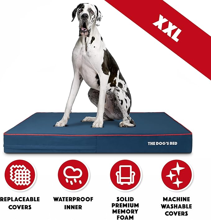 The Dog’s Bed Orthopedic Cooling Memory Foam Dog Bed, XXL Blue & Red Trim, Pain Relief for Arthritis, Hip & Elbow Dysplasia, Post Surgery, Lameness, Supportive, Calming, Waterproof Washable Cover