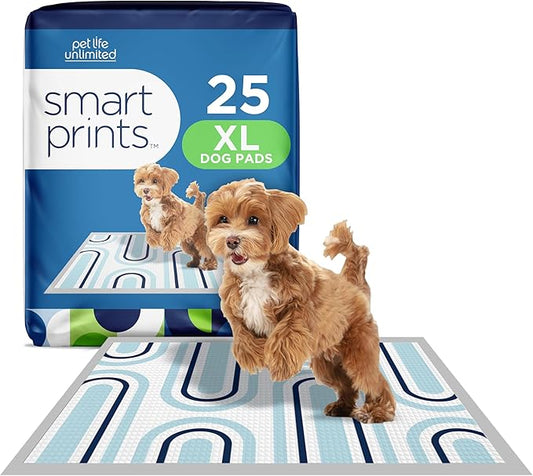 Pet Life Unlimited Smart Prints Extra Large Puppy Pads – 26" x 30", 25 Count (XL) | Stylish Dog Training Pads with Odor Controlling Wetness-Activated Sweet Bluegrass Scent | USA Made