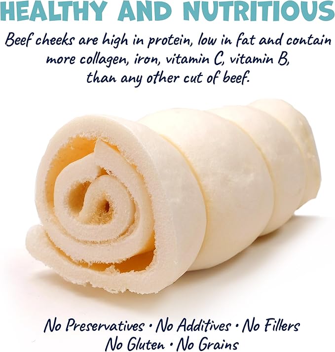 Beef Cheek Rolls for Dogs - Natural & Odor-Free Dog Treats - 5 to 6 Inch Medium Beef Hide Dog Chews - 4 Pack