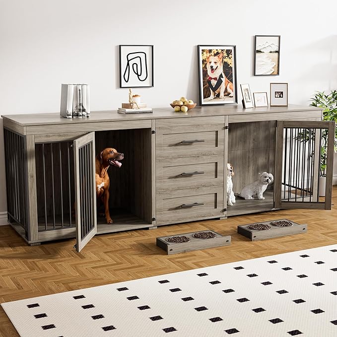 Rophefx 94.5" Dog Crate Furniture for 2 Dogs, Large Dog Kennel Furniture with 3 Storage Drawer, Wooden Dog Cage with 4 Bowls, Indoor Dog House TV Stand with Locks for Large Medium Dog, Grey