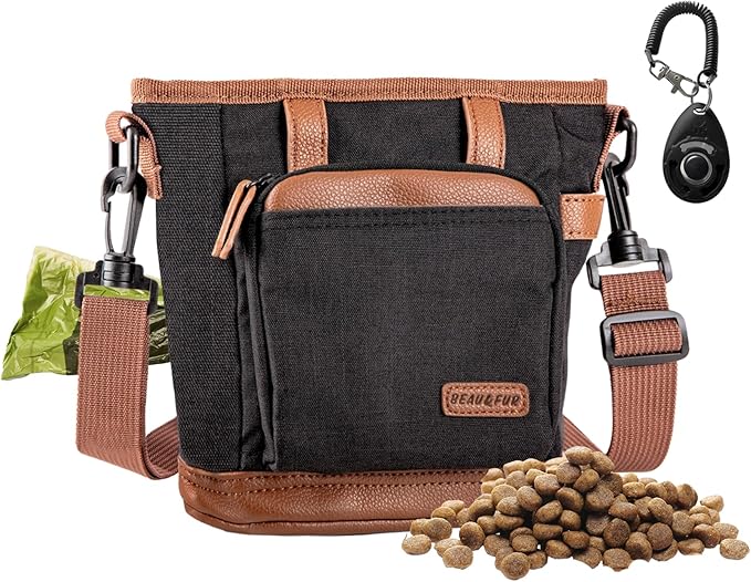 BEAU&FUR Large Dog Treat Pouch with Clicker for Training – 4 Cup Capacity, Built-In Poop Bag Dispenser, Expandable Pocket, Metal Buckle, Large Back Pocket, Ideal Design for Walks and Training – Black