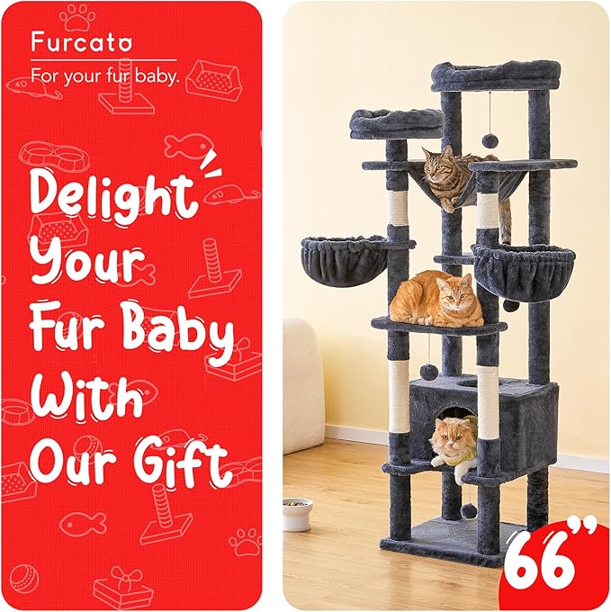 66-Inch Tall Cat Tree for Indoor Cats, Multi-Level Large Cat Tower with 3 Hammocks, 2 Padded Perches, cat Tree Tower with Scratching Post and Hanging Toys for Large Adult,Smoky Grey