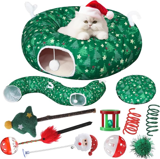 Christmas Cat Tunnel Bed with 8 Cat Toys Fluffy Plush Dog Tunnel Bed with Washable Cushion and Dangling Balls 3FT Multifunctional Playground for Small Medium Large Rabbit(Tree,Green)