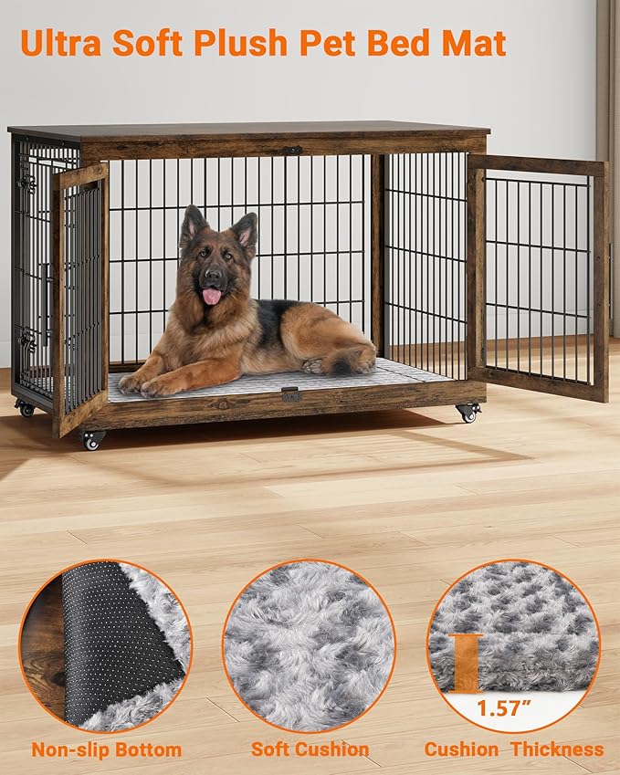 Dog Crate Furniture with Cushion Set of 2, Wooden Dog Kennel Indoor with Double Doors, Dog Cage with Wheels, Dog House Side End Table for Large Dogs up to 85 lb, 44" L, Rustic Brown