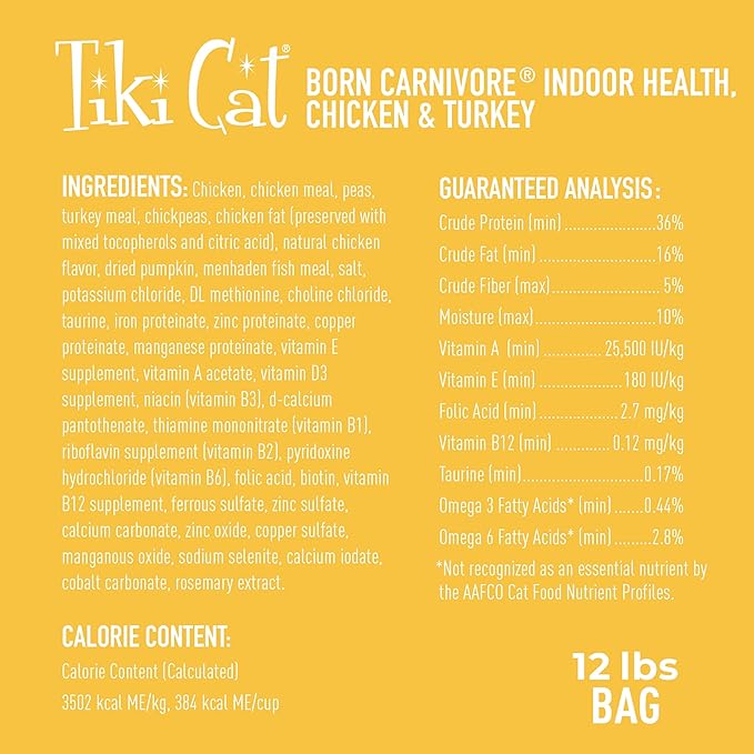 Tiki Cat Born Carnivore Indoor Health Dry Cat Food, Chicken & Turkey Meal, 12 lbs. Bag