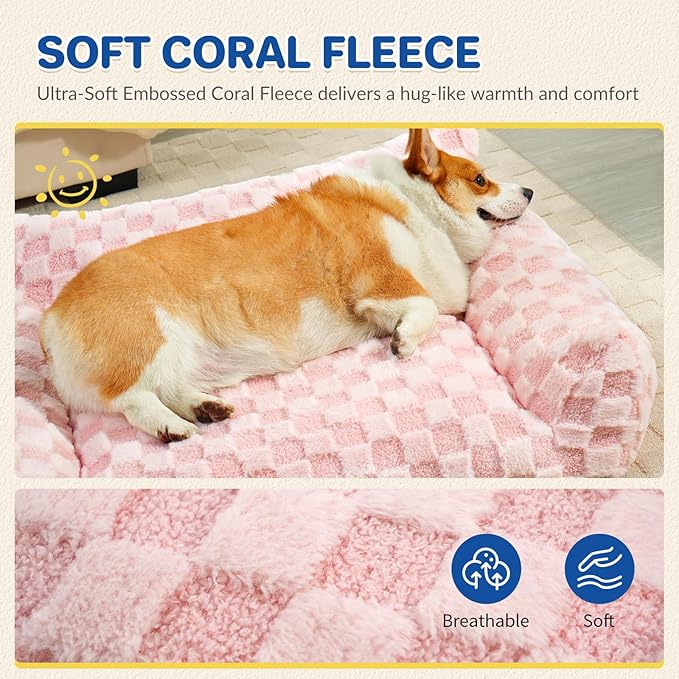 Large Dog Bed Sofa, Fluffy Pet Bed for Medium and Large Dogs, Supportive Dog Couch Sofa for Dogs, Pet Sofas with Washable Cover & Non-Slip, 38 inch, Pink