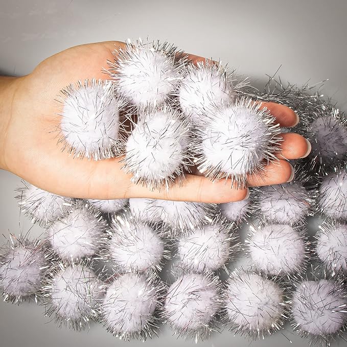 VAPKER 30 Piece 1.5" White Color Sparkle Balls Cat's Favorite Toy Tinsel Pom Poms Glitter