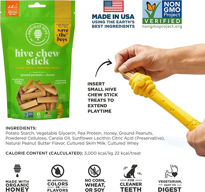 Hive Chew Stick Treats for Small Dogs — Healthy, Non-GMO Project Verified, Natural Peanut Butter Flavored, Natural, Vegetarian Chews, Made in The USA (Chew Sticks, Small Breeds)