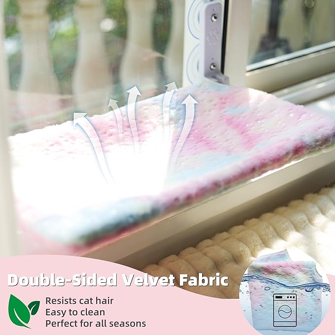 Foldable Cat Window Perch, Sturdy Cat Hammock with Strong Suction Cups for Large Cats, Cordless, Gradient Color Shiny Fabric, Cute Pet Seat Bed for Cats Indoor with Movable Toy Hooks (Large)