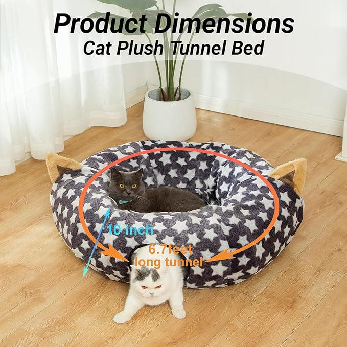 LUCKITTY Large Cat Tunnel Bed Under Christmas Tree with Fluffy Toy Balls, Small Cushion and Flexible Design- 10 inch Diameter, 3 ft Length- Great for Cats, and Small Dogs, Gray Star Pattern