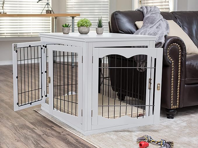 BIRDROCK HOME Decorative Dog Kennel with Pet Bed - Small Indoor Pet Crate, Double Door Design, Engineered Wood & Metal Wire, Furniture-Style House for Small Dogs, Side Table or Nightstand, White