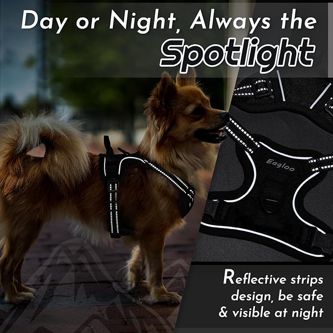 Eagloo Small Dog Harness No Pull, Service Vest with Reflective Strips and Control Handle, Adjustable and Comfortable for Easy Walking, No Choke Pet Harness with 2 Metal Rings, Black, XS
