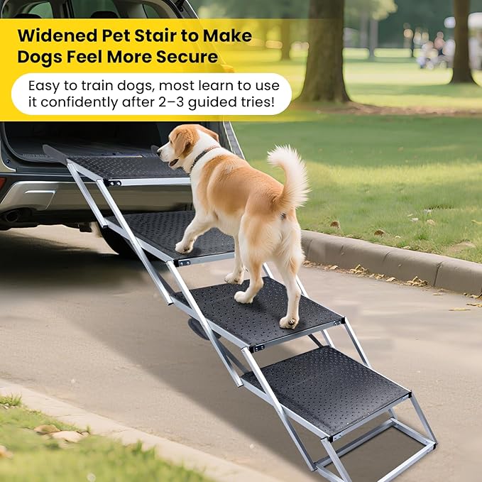 Extra Wide Dog Stairs for Large Dogs, Portable Dog Ramp for Car with Non-Slip Surface, Folding Dog Car Ramp for SUV & Car, Outdoor, Supports up to 250 lbs, 4 Steps