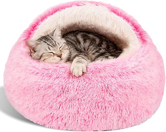 Calming Dog Beds & Cat Cave Bed with Hooded Cover,Removable Washable Round Beds for Small Medium Pets,Anti-Slip Faux Fur Fluffy Coved Bed for Improved Sleep,Fits up to 15/25 lbs(Pink,S)