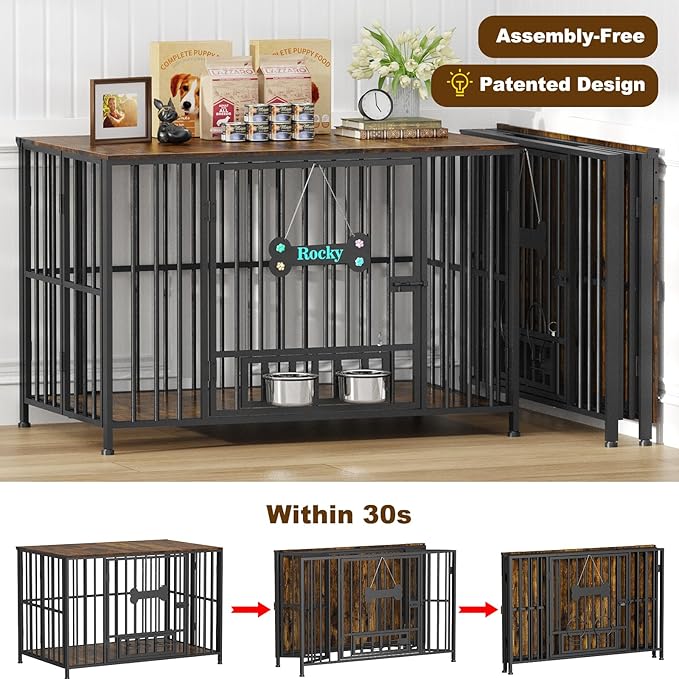 Easycom 43" Dog Crate Furniture Foldable, No Assembly Decorative Dog Kennel Indoor, XL Dog Crates for Large Dogs (60-80 lbs), Wooden Dog Cage with Adjustable Bowls and Name Tag, Rustic Brown