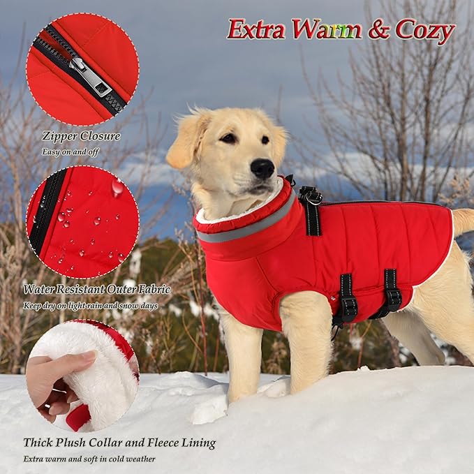 Dogcheer Dog Coat with Harness, Waterproof Dog Jacket Adjustable Pet Winter Coat with Zipper, Christmas Puppy Snow Jacket Fleece Sweater for Small Medium Large Dogs - Red XL