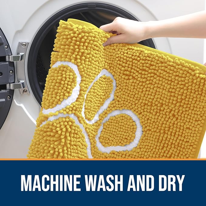 OLANLY Dog Door Mat for Muddy Paws 48x30, Paw Print Design, Absorbs Moisture and Dirt, Absorbent Non-Slip Washable Doormat, Quick Dry Chenille Mud Mat for Dogs, Entry Indoor Entryway Carpet, Yellow