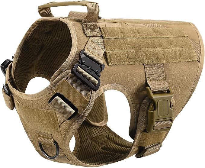 Tactical Dog Harness with Handle, Collar & Leash Set – No Pull Dog Vest with Adjustable Buckles, Reflective Patches & Heavy-Duty Nylon for Medium Dogs (Khaki)