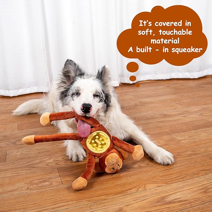 Hollypet Squeaky Plush Stuffed Dog Puzzle Toy with Slow Feeder Bowl, Interactive Chew Toy for Small and Medium Dogs, Tug of War Dog Toys, Monkey