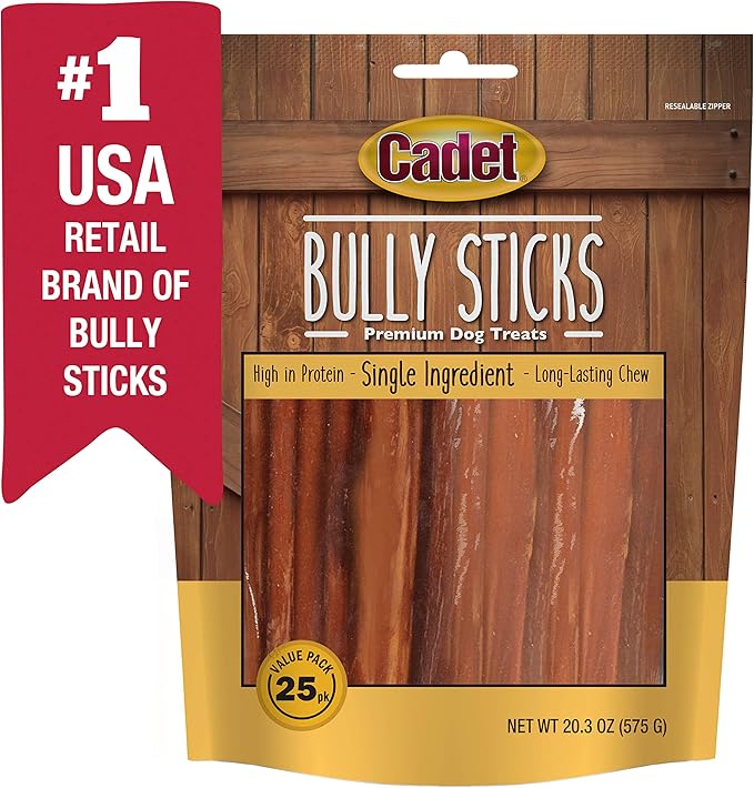 Cadet Bully Sticks for Small Dogs – All-Natural Beef Pizzle, High Protein, Low Fat, Long-Lasting, Grain & Rawhide-Free Dog Chews for Aggressive Chewers, Small (25 Count)