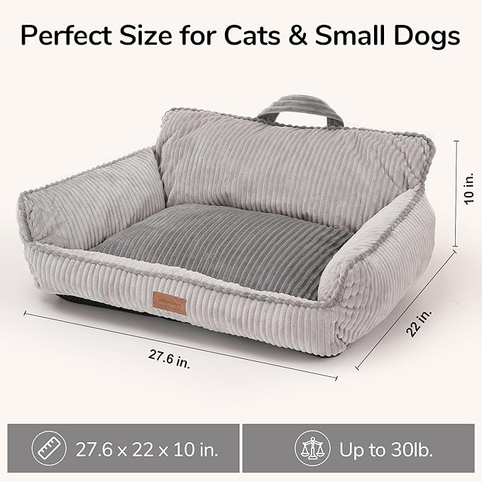FUKUMARU Cat Couch Bed, Fluffy Corduroy Cat Beds for Indoor Cats with Washable Cover, Waterproof Small Dog Sofa Beds with Portable Handle and Anti-Slip Bottom, Pet Beds & Furniture 28inch, Grey