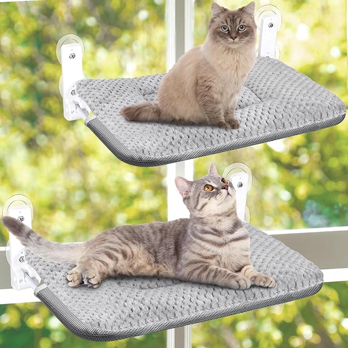 2 Pcs Cat Window Perch Hammock with 2 Pcs Blanket Cushion Cover and 8 Strong Suction Cups, Sturdy Metal Frame, Window Bed for Large Cats, 12 x 20.5 Inch