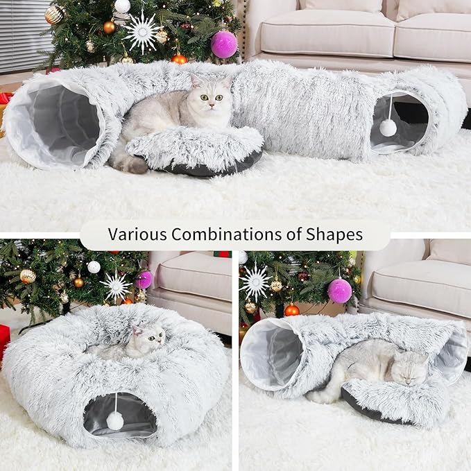 Cat Tunnels for Indoor Cats, Cat Tunnel Bed with Washable Cushion, Cat Tunnel Christmas Tree Skirt, Collapsible Donut Tunnel for Medium & Large Cat, Peekaboo Cave Toy, Gray