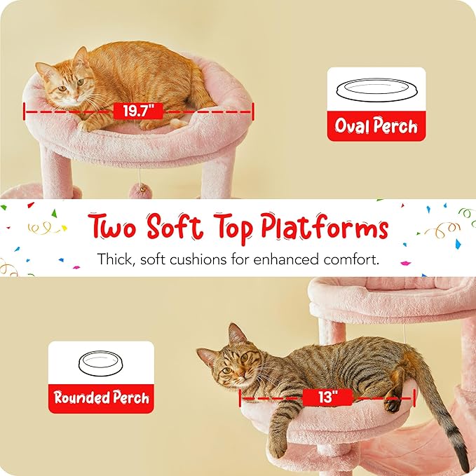 77-Inch Pink Cat Tree for Indoor Cats, Multi-Level Large Cat Tower with 4 Hammocks, 2 Padded Perches, Cat Condo, Sisal Scratching Posts and Hanging Toys for Large Adult Cat