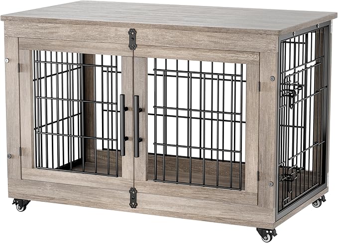 Dog Crate Furniture with Cushion, Large Wooden Dog Kennel Indoor with Double Doors, Dog Cage with Wheels, Dog House Side End Table for Large Medium Dogs up to 70 lb, 38.5” L, Grey