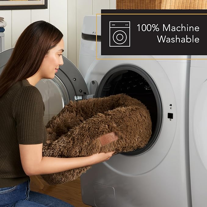 TOWN & COUNTRY LUXE CuddleTown Fuzzy Solid Donut Pet Bed, Soft, Cozy & Calming, Non-Slip Bottom, 100% Machine Washable, Brown, XS 19"x19"x7" Round