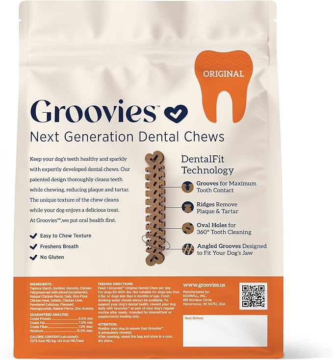 Groovies Flexible, Yet Moderately Tough Daily Dog Dental Chews. Powered by USA-Patented DentalFit Technology. No Added Gluten, No Artificial Flavors or Colors. 12oz XLarge (8Chews)