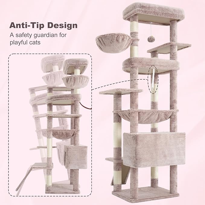 Heybly Tall Cat Tree for Large Cat, 80-inch Multi-Level Cat Tower for Indoor Cats with Large Baseboard, Condo Furniture with 2 Widened Plush Perches,Scratching Board and Big Caves, Muchroom HCT038MU