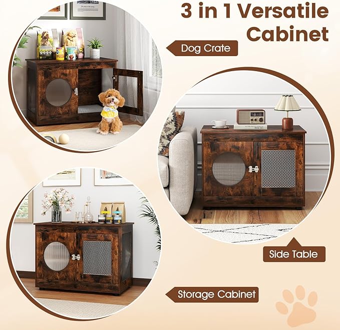 Tangkula Dog Cage Furniture, Chew-Proof Wooden Dog Crate with Metal Mesh Side Wall, Lockable Door, Translucent Window, Industrial Pet Kennel Indoor Furniture for Small & Medium Dogs (Rustic Brown)