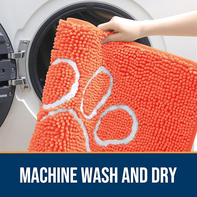 OLANLY Dog Door Mat for Muddy Paws 30x20, Paw Print Design, Absorbs Moisture and Dirt, Absorbent Non-Slip Washable Doormat, Quick Dry Chenille Mud Mat for Dogs, Entry Indoor Entryway Carpet, Coral