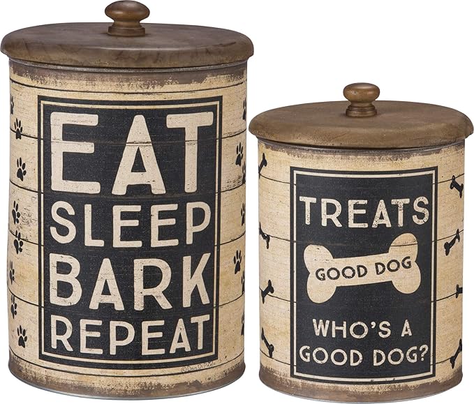 Primitives by Kathy Rustic Pet Tin Bins - Dog Food & Toy Storage Set, 'Toys & Beware of Wigglebutts' Themed Containers