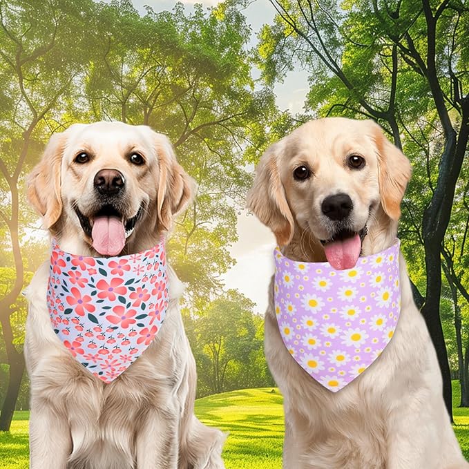 Summer Dog Bandanas Girl XLarge 2PCS, Purple Pink Daisy Scarf, Durable Triangle Reversible Spring Bibs Handkerchief for Puppy Pet