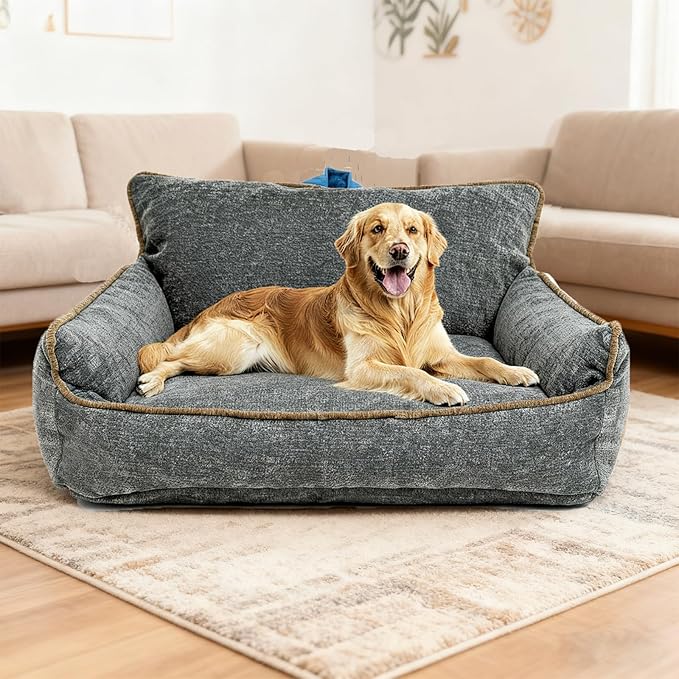 Large Orthopedic Dog Sofa Bed with Sides, Carry Handle & Side Pockets .Plush Chenille Orthopedic Pet Bed Couch for Large Dogs.Portable Snuggler for Indoor Use, Travel & Recovery(Dark Grey)