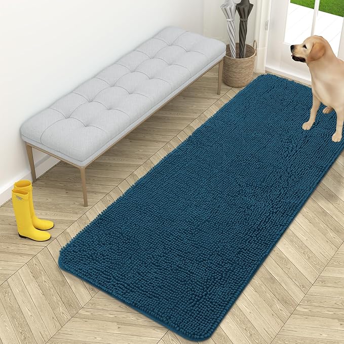 OLANLY Dog Door Mat for Muddy Paws 59x24, Absorbs Moisture and Dirt, Absorbent Non-Slip Washable Doormat, Quick Dry Chenille Mud Mat, Entry Indoor Entryway Carpet for Inside Floor, Atlantic Blue
