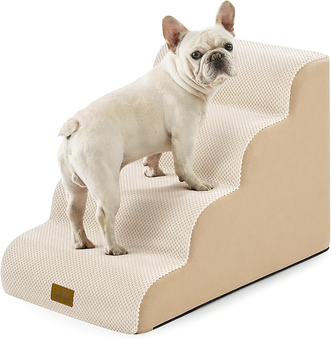 Dog Stairs for Small Dogs 19.7" H, Curved Dog Step for Puppy, Older or Cat, Medium Pet Ramp for Sofa, Couch or Bed, Ladder with High Density Foam, 4 Step, 15.7x28.3x19.7 inch, Beige