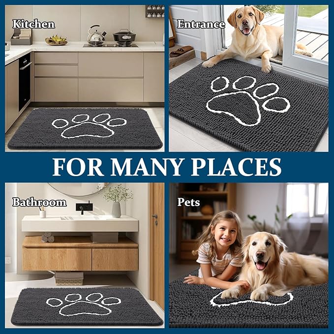 OLANLY Dog Door Mat for Muddy Paws 70x24, Paw Print Design, Absorbs Moisture and Dirt, Absorbent Non-Slip Washable Doormat, Quick Dry Chenille Mud Mat for Dogs, Entry Indoor Entryway Carpet, Dark Grey